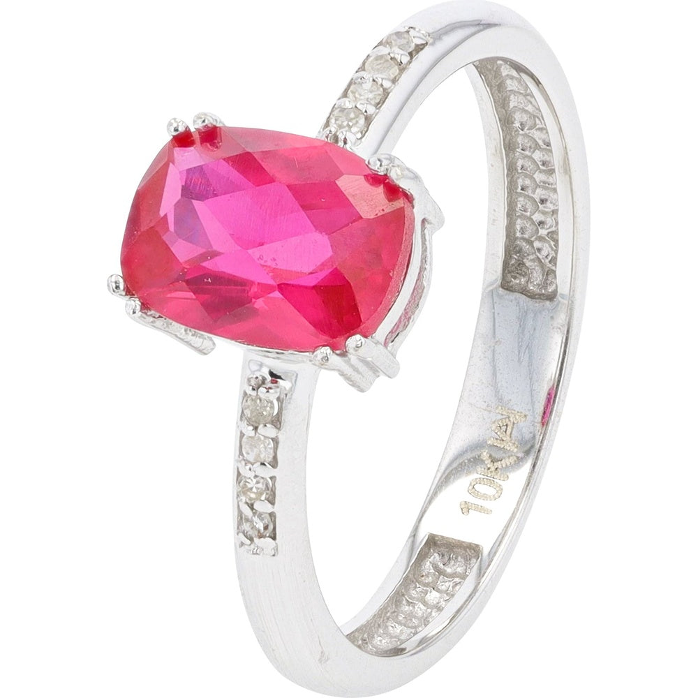 10K White Gold Cushion-Cut Created Ruby Statement Ring with Diamond-Accented Band - 1.75 Carat Total Ruby Weight