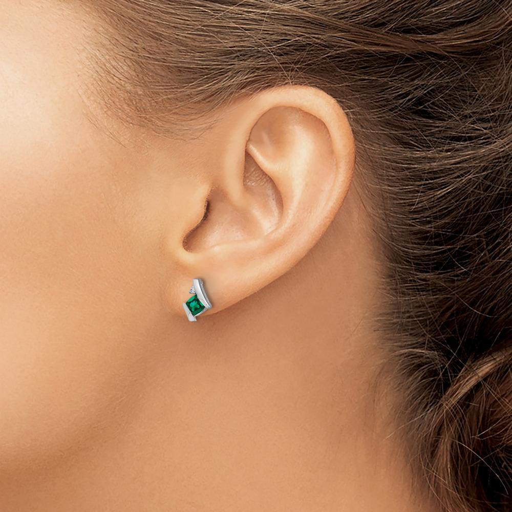10K White Gold Cushion Cut Lab Created Emerald and Round Diamond Earrings - 0.323 Carat Total Emerald Weight, 0.0125 Carat Total Diamond Weight by Oro Pregiato