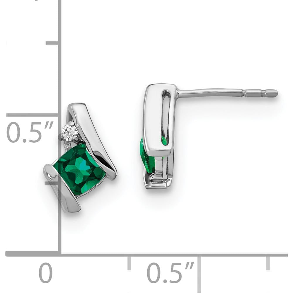 10K White Gold Cushion Cut Lab Created Emerald and Round Diamond Earrings - 0.323 Carat Total Emerald Weight, 0.0125 Carat Total Diamond Weight by Oro Pregiato