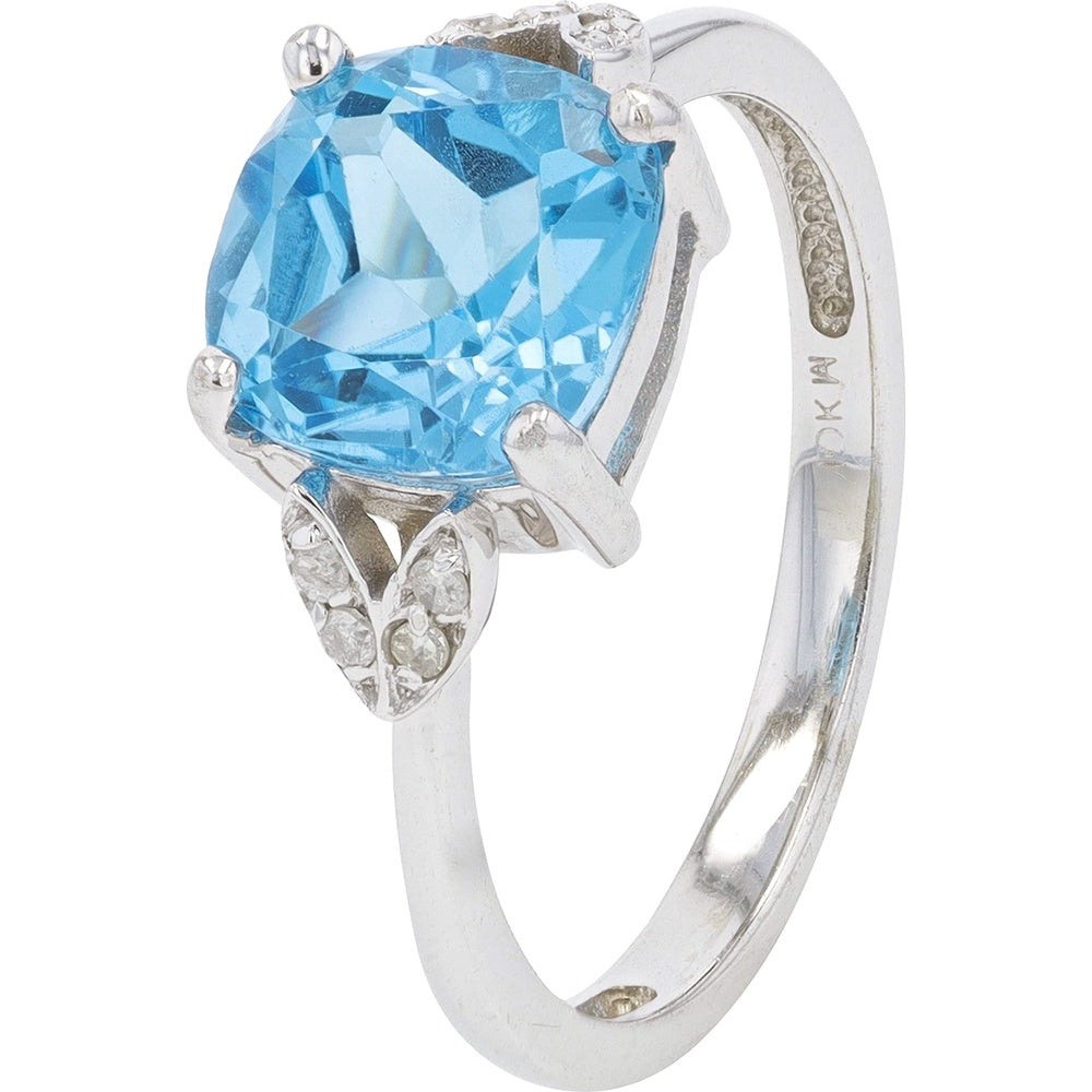 10K White Gold Cushion Cut London Blue Topaz Ring with Pavé Diamond Shoulders - 2.50 Carat Topaz and 0.04 Carat Diamond Total Weight