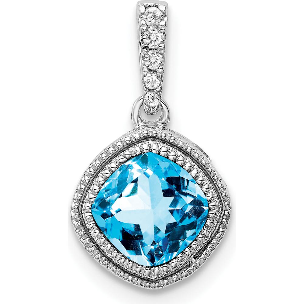 10K White Gold Cushion Cut Swiss Blue Topaz Pendant with Round Diamonds - 0.73 Carat Blue Topaz, 0.06 Carat Total Diamond Weight by Lumare Gioia