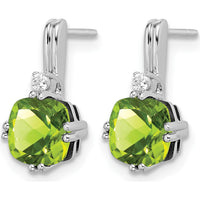 10K White Gold Cushion Peridot and Round Diamond Drop Earrings - 1.25 Carat Peridot and 0.022 Carat Total Diamond Weight by Monteluci Fine Jewelry