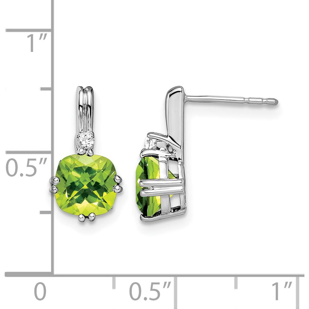 10K White Gold Cushion Peridot and Round Diamond Drop Earrings - 1.25 Carat Peridot and 0.022 Carat Total Diamond Weight by Monteluci Fine Jewelry