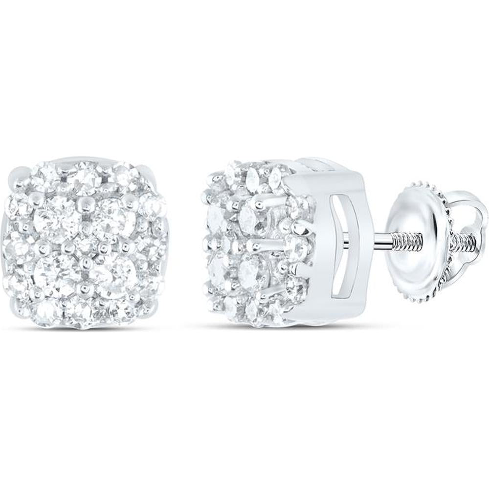 10K White Gold Cushion-Shaped Cluster Stud Earrings with Round Diamonds - 1/5 Carat Total Diamond Weight