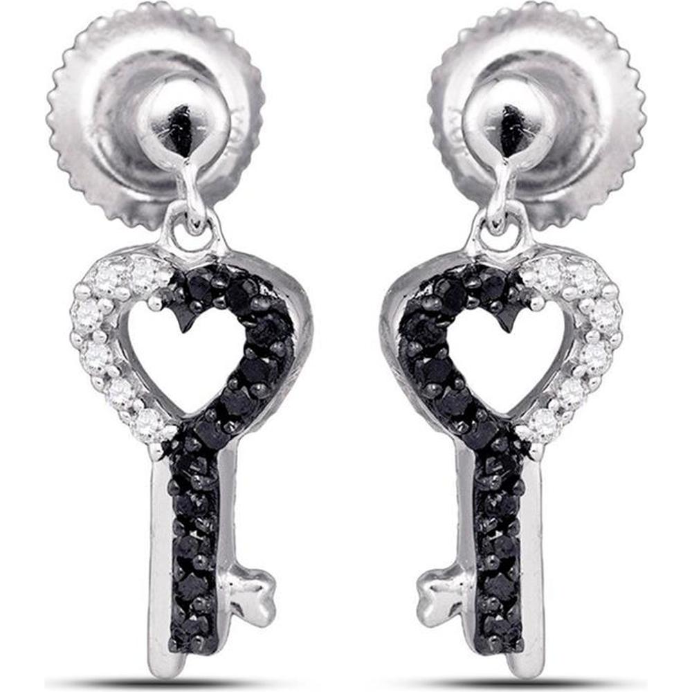 10K White Gold Dangle Earrings with Heart-Shaped Black and White Pave Diamonds - 1/6 Carat Total Diamond Weight