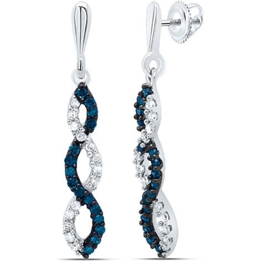 10K White Gold Dangle Earrings with Prong-Set Round Blue and White Diamonds - 1/6 Carat Total Diamond Weight