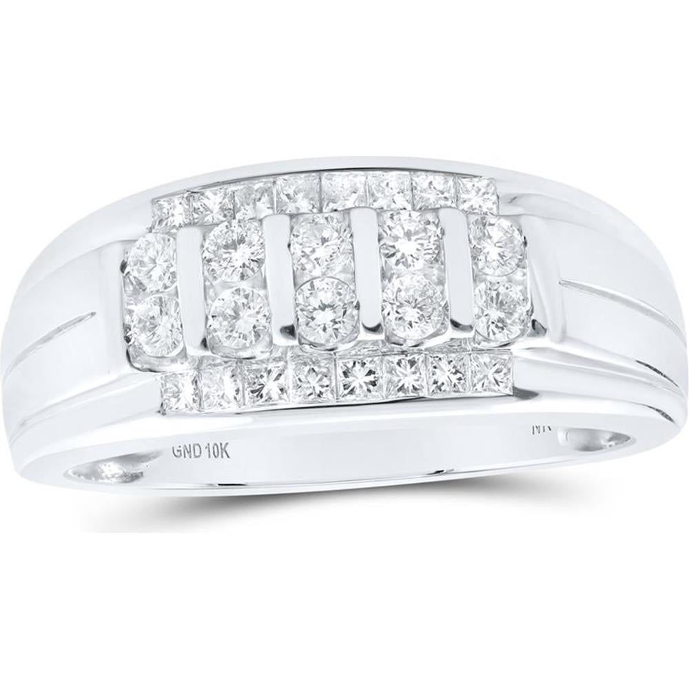 10K White Gold Diamond Band Ring with Round and Princess Cut Diamonds - 3/4 Carat Total Weight