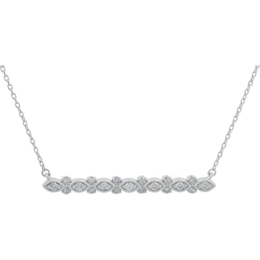 10K White Gold Diamond Bar Necklace with Milgrain Accents - 0.20 Carat Total Diamond Weight