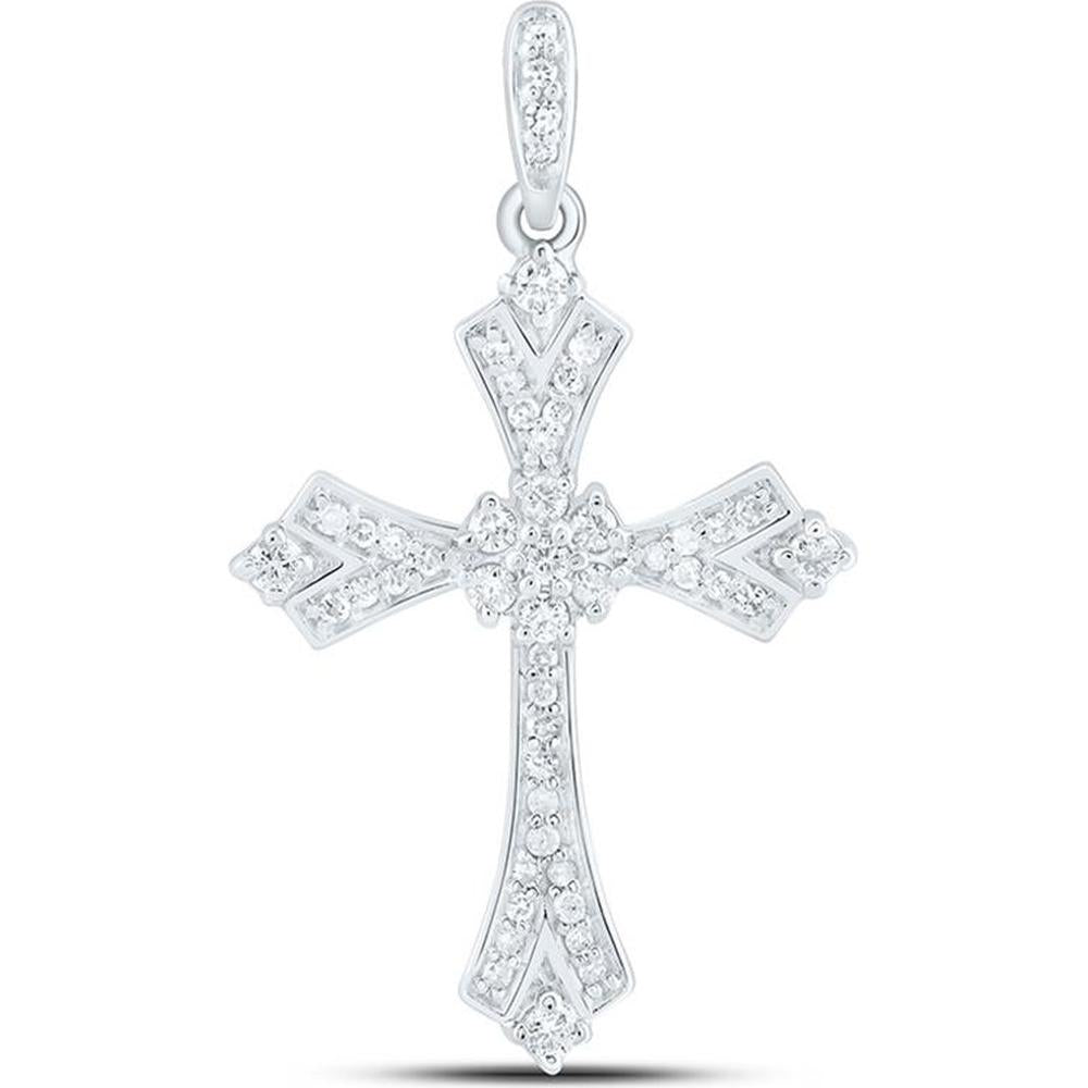 10K White Gold Diamond Cross Pendant with Prong-Set Round Brilliant Diamonds - 0.20 Carat Total Diamond Weight