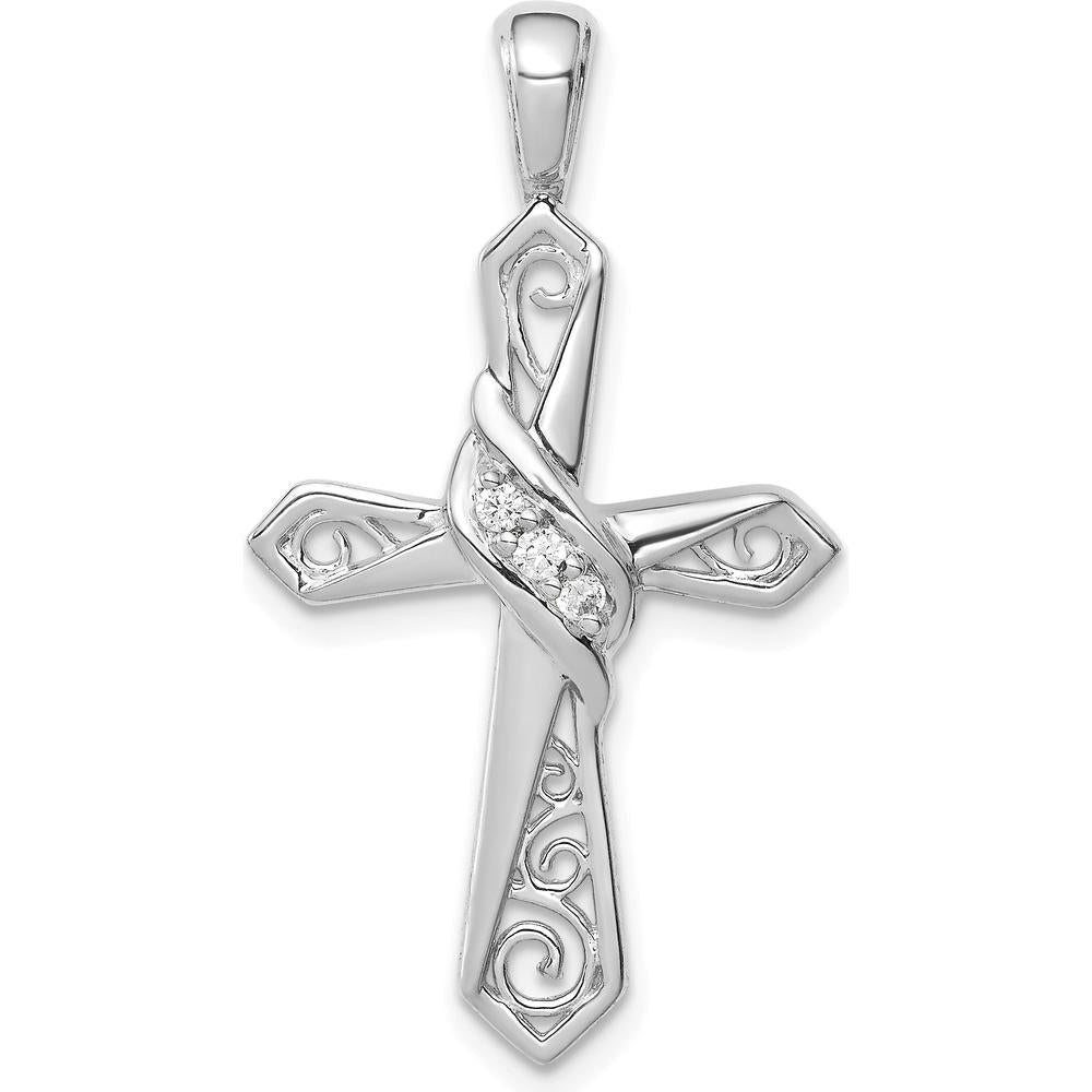 10K White Gold Diamond Cross Pendant with Swirling Detailing - 1/20 Carat Total Diamond Weight by Oro Pregiato