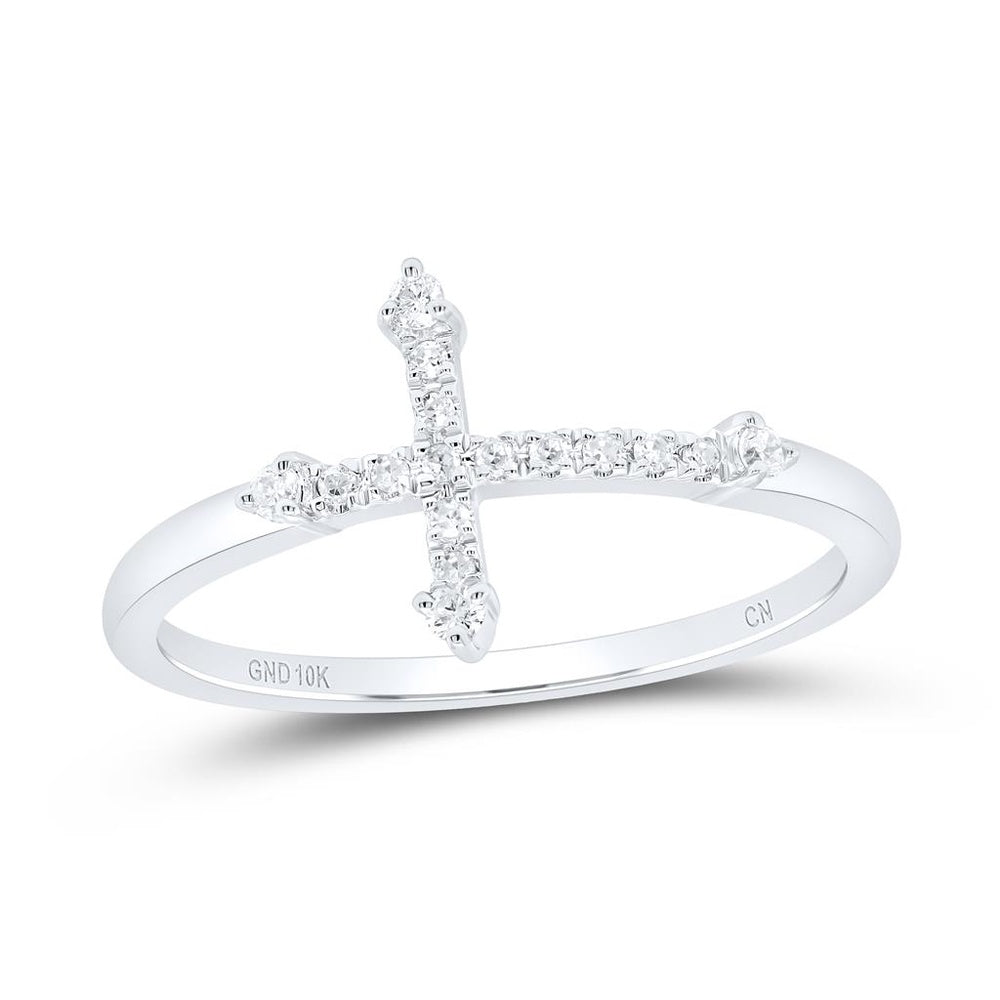 10K White Gold Diamond Cross Ring - 1/10 Carat Total Diamond Weight