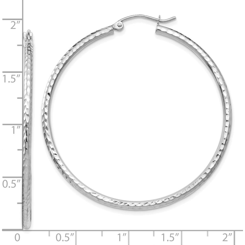 10K White Gold Diamond-Cut 2mm Round Tube Hoop Earrings - 45mm Length