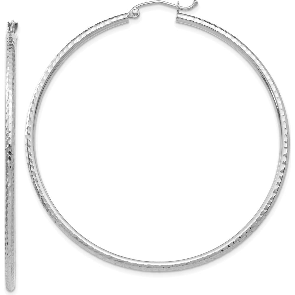 10K White Gold Diamond-Cut 2mm Round Tube Hoop Earrings - Polished Finish, Rhodium Plated