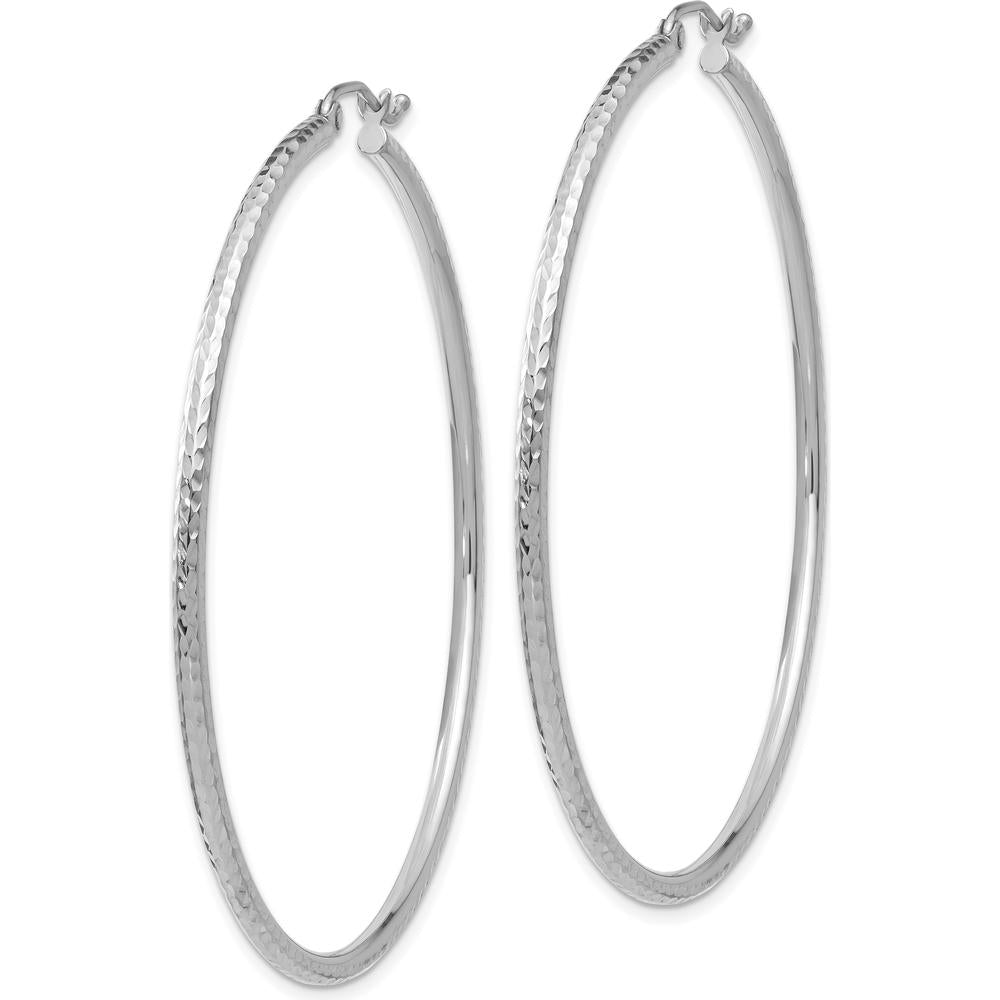 10K White Gold Diamond-Cut 2mm Round Tube Hoop Earrings - Polished Finish, Rhodium Plated