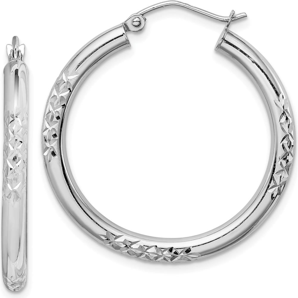 10K White Gold Diamond-Cut 3mm Hoop Earrings with Rhodium Plating - Polished Finish