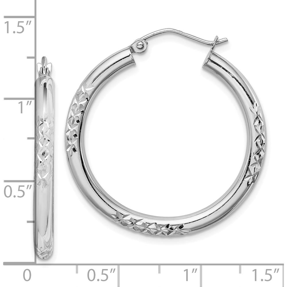 10K White Gold Diamond-Cut 3mm Hoop Earrings with Rhodium Plating - Polished Finish