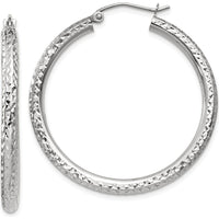 10K White Gold Diamond-Cut 3mm Large Hoop Earrings with Polished Rhodium Finish