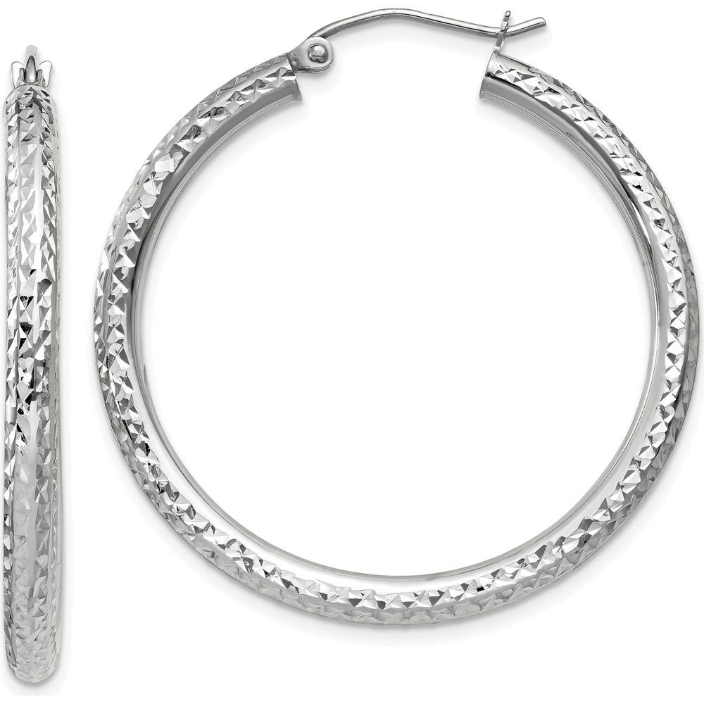 10K White Gold Diamond-Cut 3mm Large Hoop Earrings with Polished Rhodium Finish