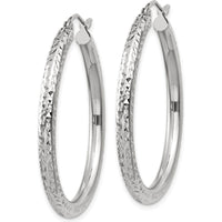 10K White Gold Diamond-Cut 3mm Large Hoop Earrings with Polished Rhodium Finish