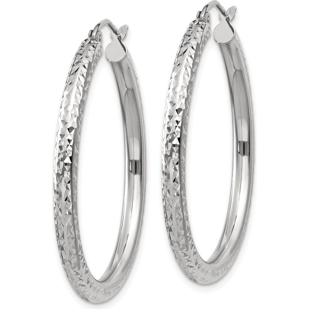 10K White Gold Diamond-Cut 3mm Large Hoop Earrings with Polished Rhodium Finish