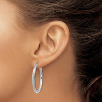10K White Gold Diamond-Cut 3mm Large Hoop Earrings with Polished Rhodium Finish
