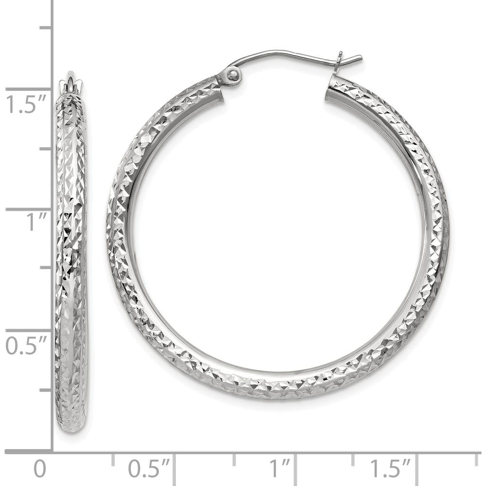 10K White Gold Diamond-Cut 3mm Large Hoop Earrings with Polished Rhodium Finish