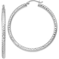 10K White Gold Diamond-Cut 3mm Round Hoop Earrings - 40mm Length