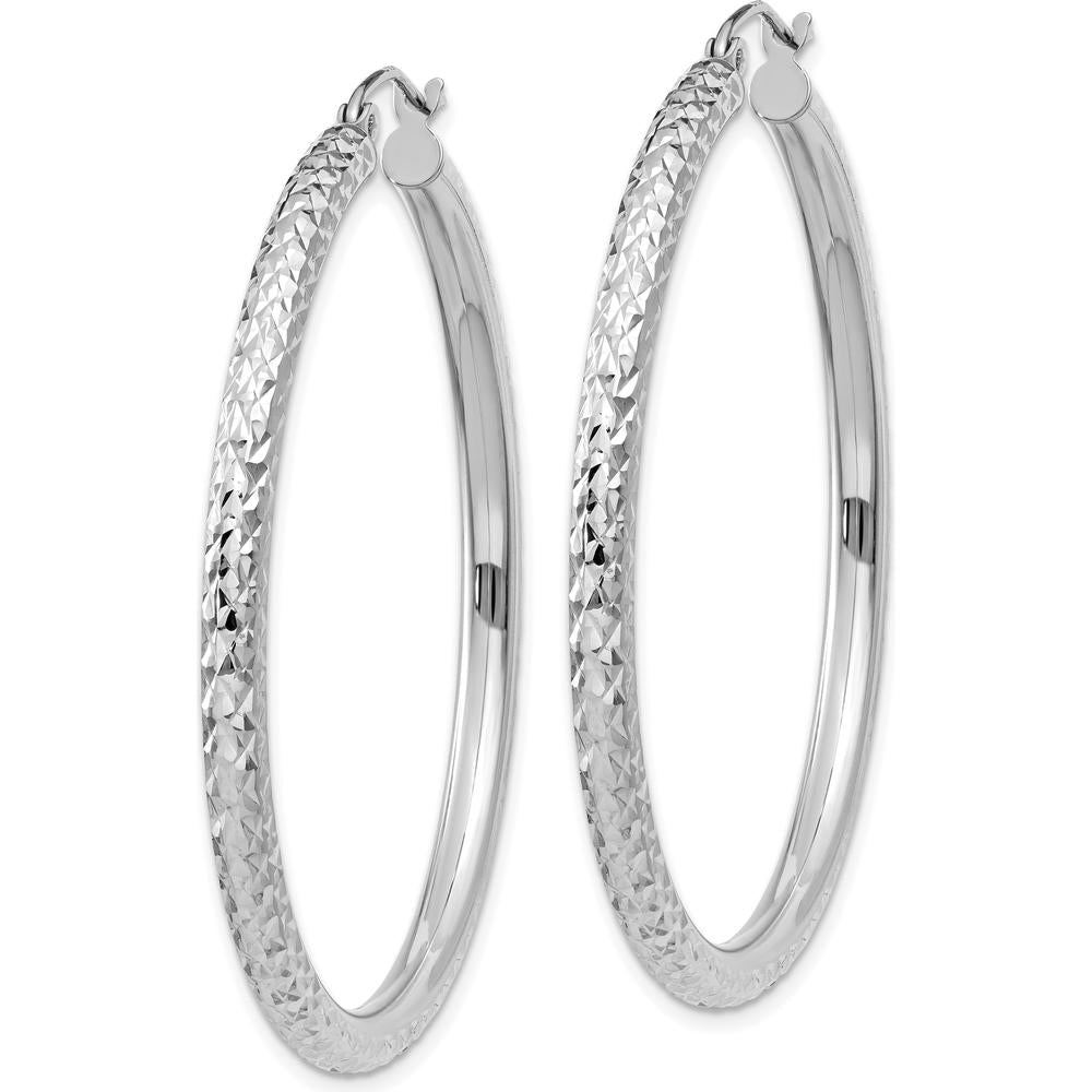 10K White Gold Diamond-Cut 3mm Round Hoop Earrings - 40mm Length