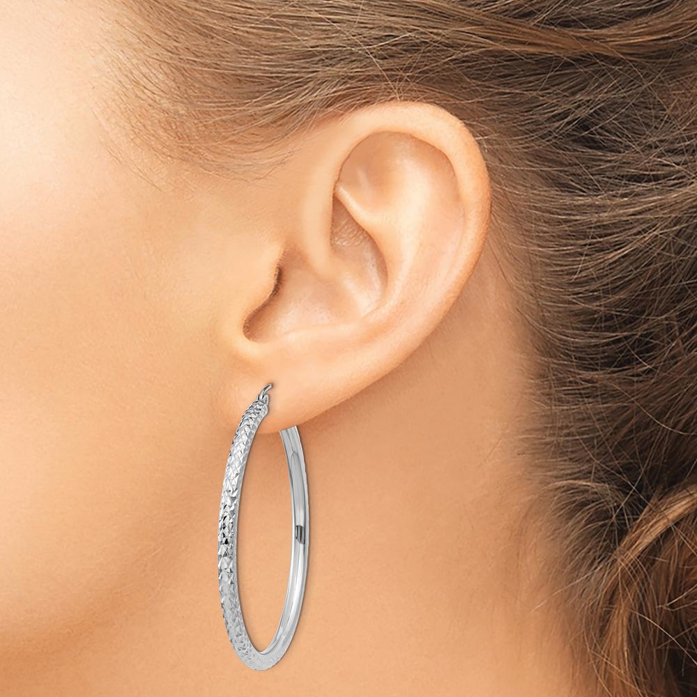 10K White Gold Diamond-Cut 3mm Round Hoop Earrings - 40mm Length