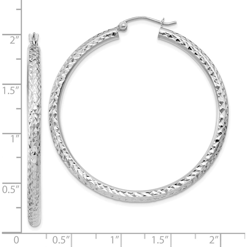 10K White Gold Diamond-Cut 3mm Round Hoop Earrings - 40mm Length