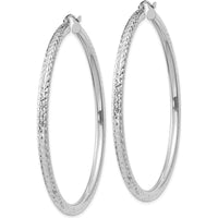 10K White Gold Diamond-Cut 3mm Round Hoop Earrings - 50mm Length