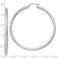 10K White Gold Diamond-Cut 3mm Round Hoop Earrings - 50mm Length