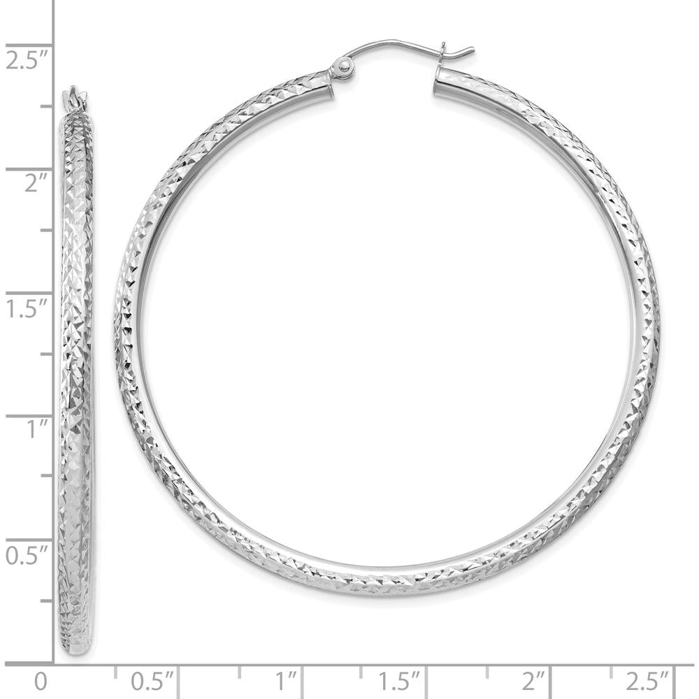 10K White Gold Diamond-Cut 3mm Round Hoop Earrings - 50mm Length