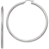 10K White Gold Diamond-Cut 3mm Round Hoop Earrings - 60mm Length