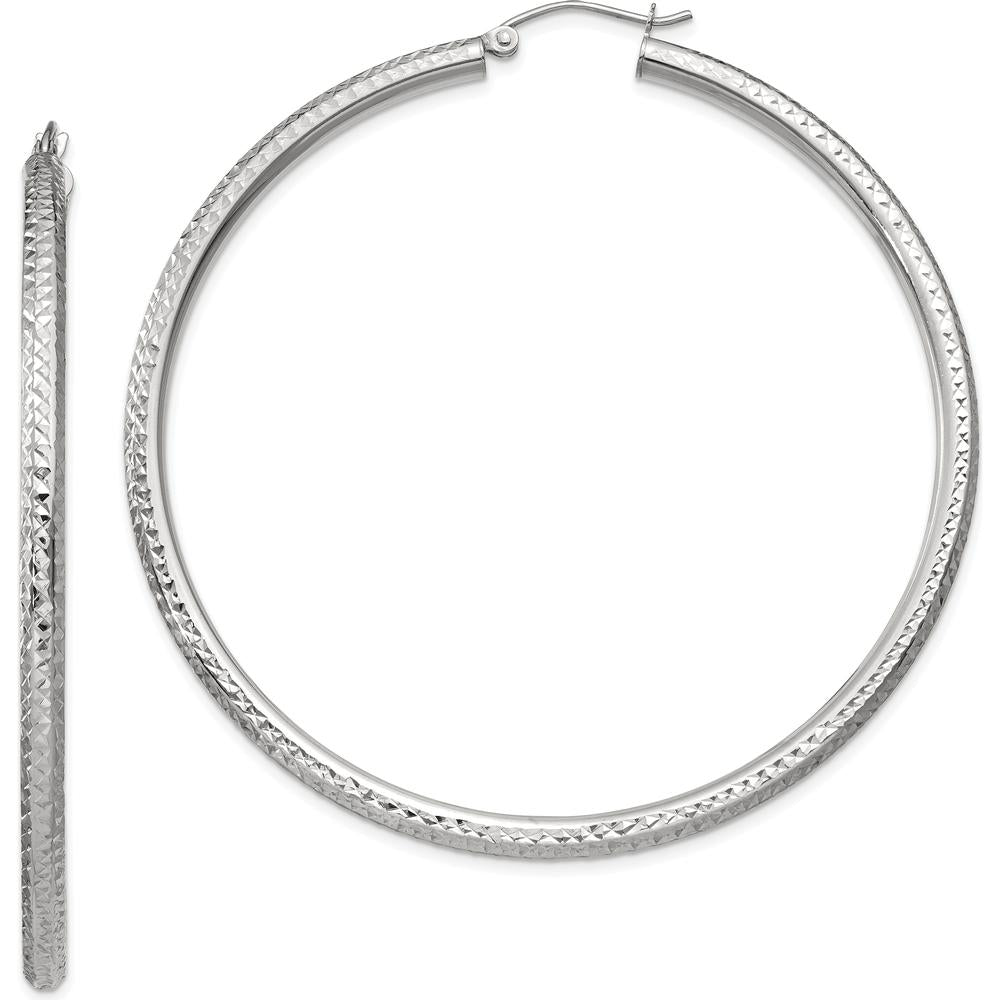 10K White Gold Diamond-Cut 3mm Round Hoop Earrings - 60mm Length