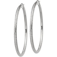 10K White Gold Diamond-Cut 3mm Round Hoop Earrings - 60mm Length