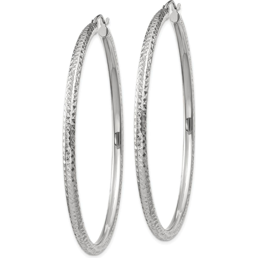 10K White Gold Diamond-Cut 3mm Round Hoop Earrings - 60mm Length