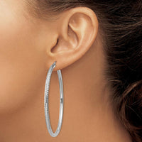 10K White Gold Diamond-Cut 3mm Round Hoop Earrings - 60mm Length