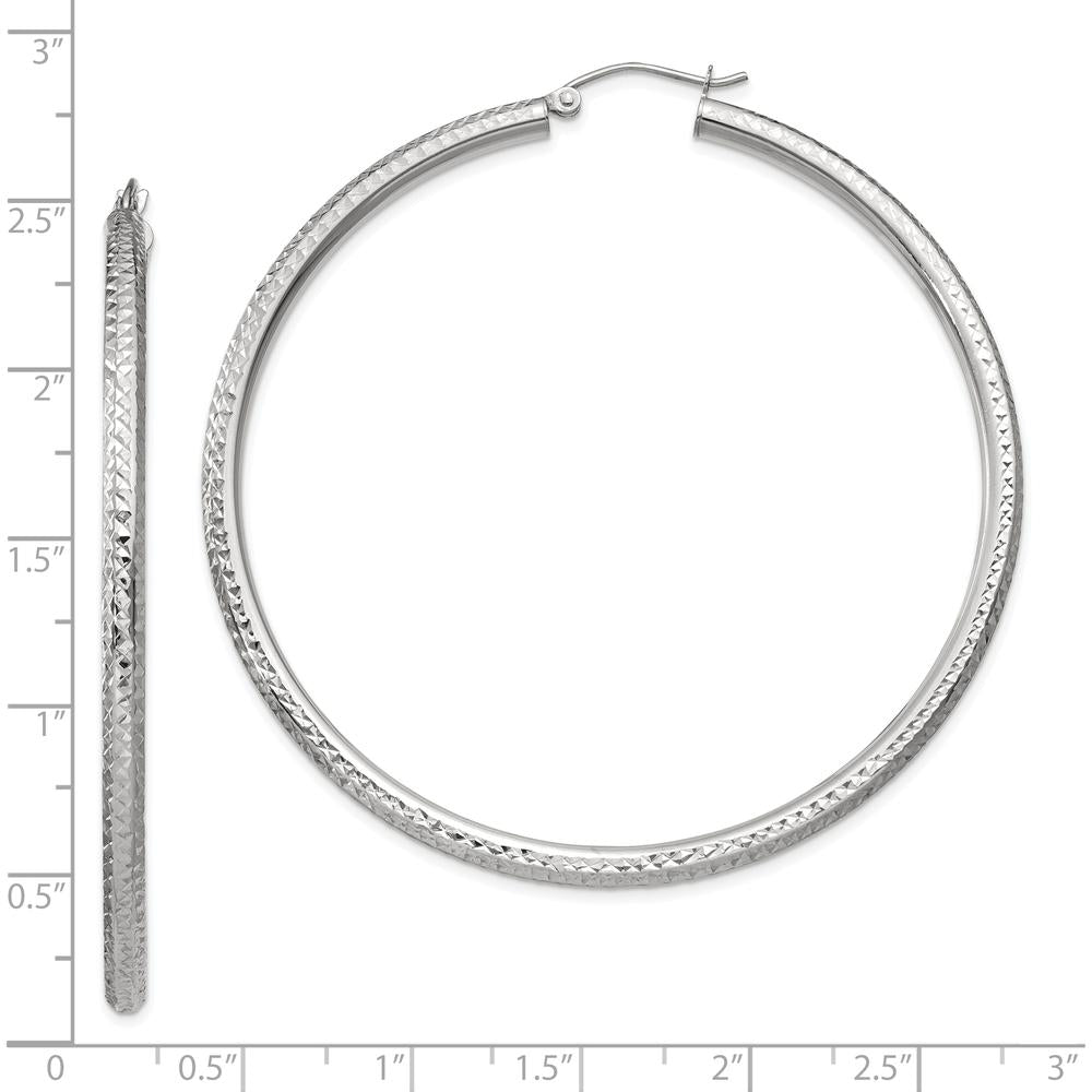 10K White Gold Diamond-Cut 3mm Round Hoop Earrings - 60mm Length
