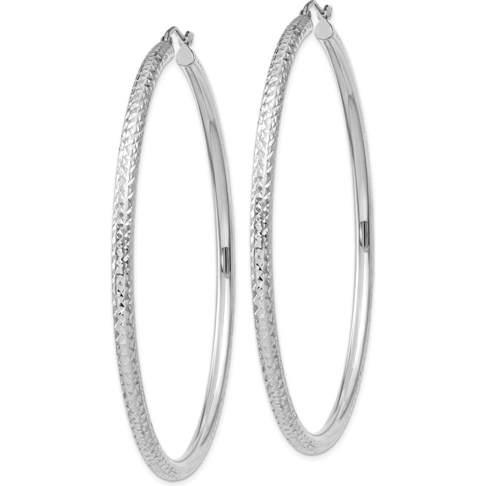 10K White Gold Diamond-cut 3mm Round Hoop Earrings - 65mm Length, Polished Finish