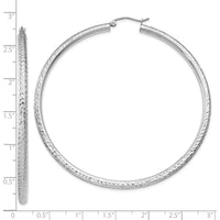 10K White Gold Diamond-cut 3mm Round Hoop Earrings - 65mm Length, Polished Finish