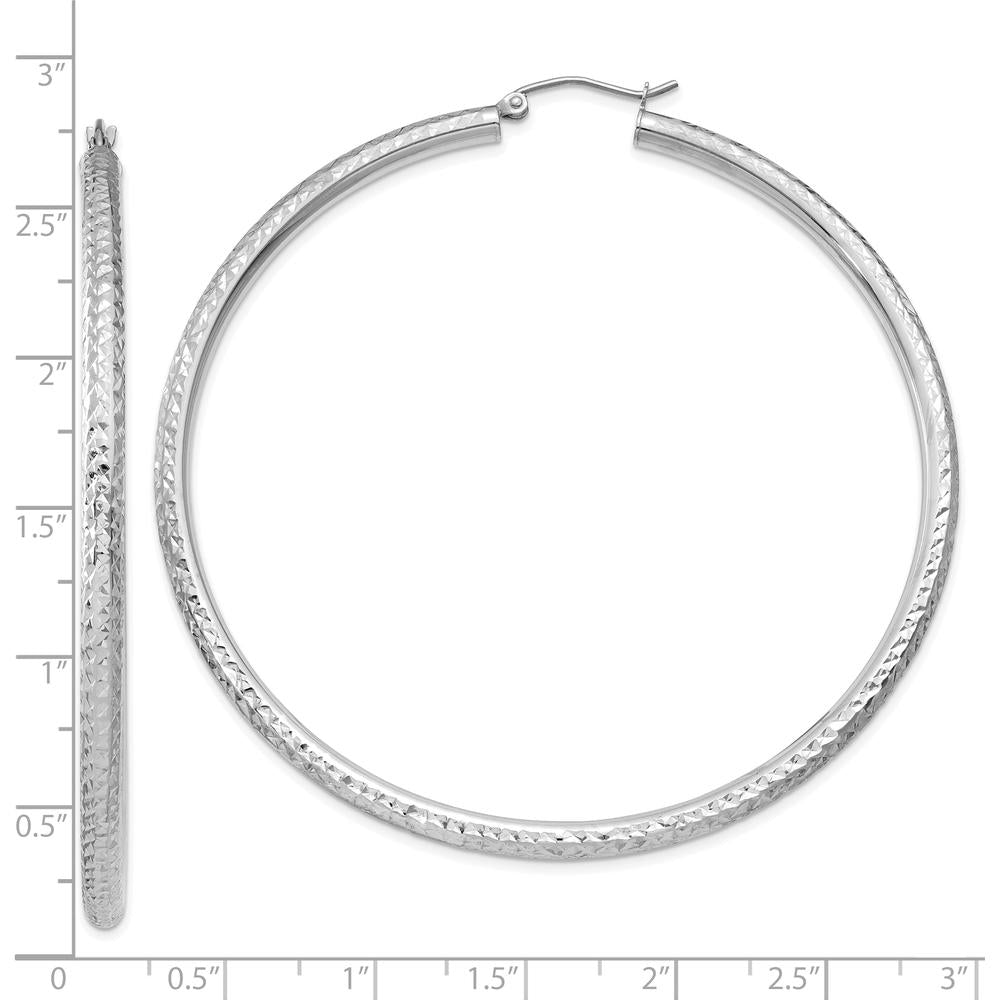 10K White Gold Diamond-cut 3mm Round Hoop Earrings - 65mm Length, Polished Finish
