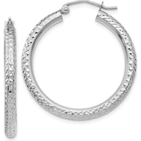 10K White Gold Diamond-cut 3mm Round Hoop Earrings - Polished Finish