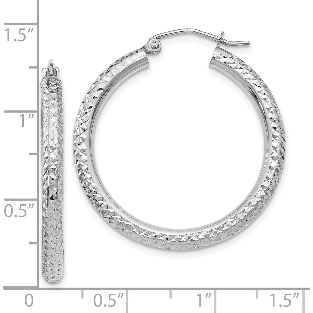 10K White Gold Diamond-cut 3mm Round Hoop Earrings - Polished Finish