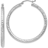 10K White Gold Diamond-Cut 3mm Round Hoop Earrings - Rhodium Plated, 35mm Length, 40.1mm Width