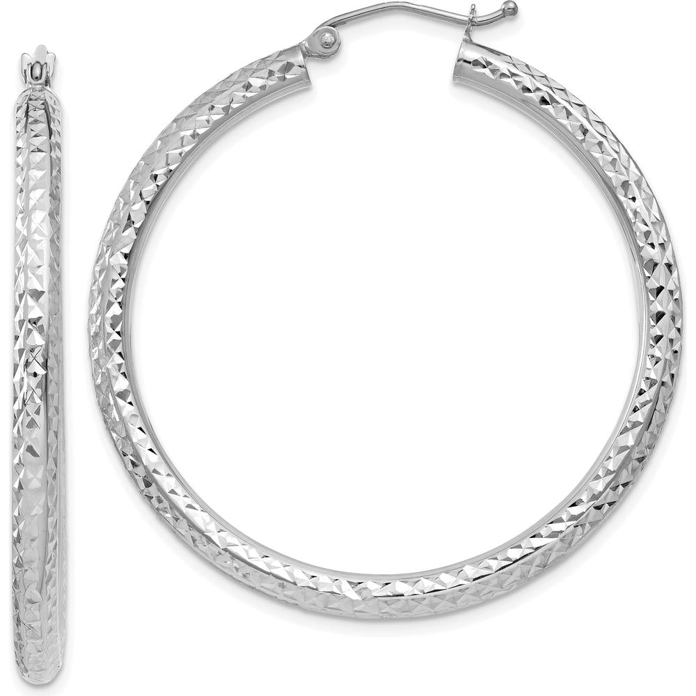 10K White Gold Diamond-Cut 3mm Round Hoop Earrings - Rhodium Plated, 35mm Length, 40.1mm Width