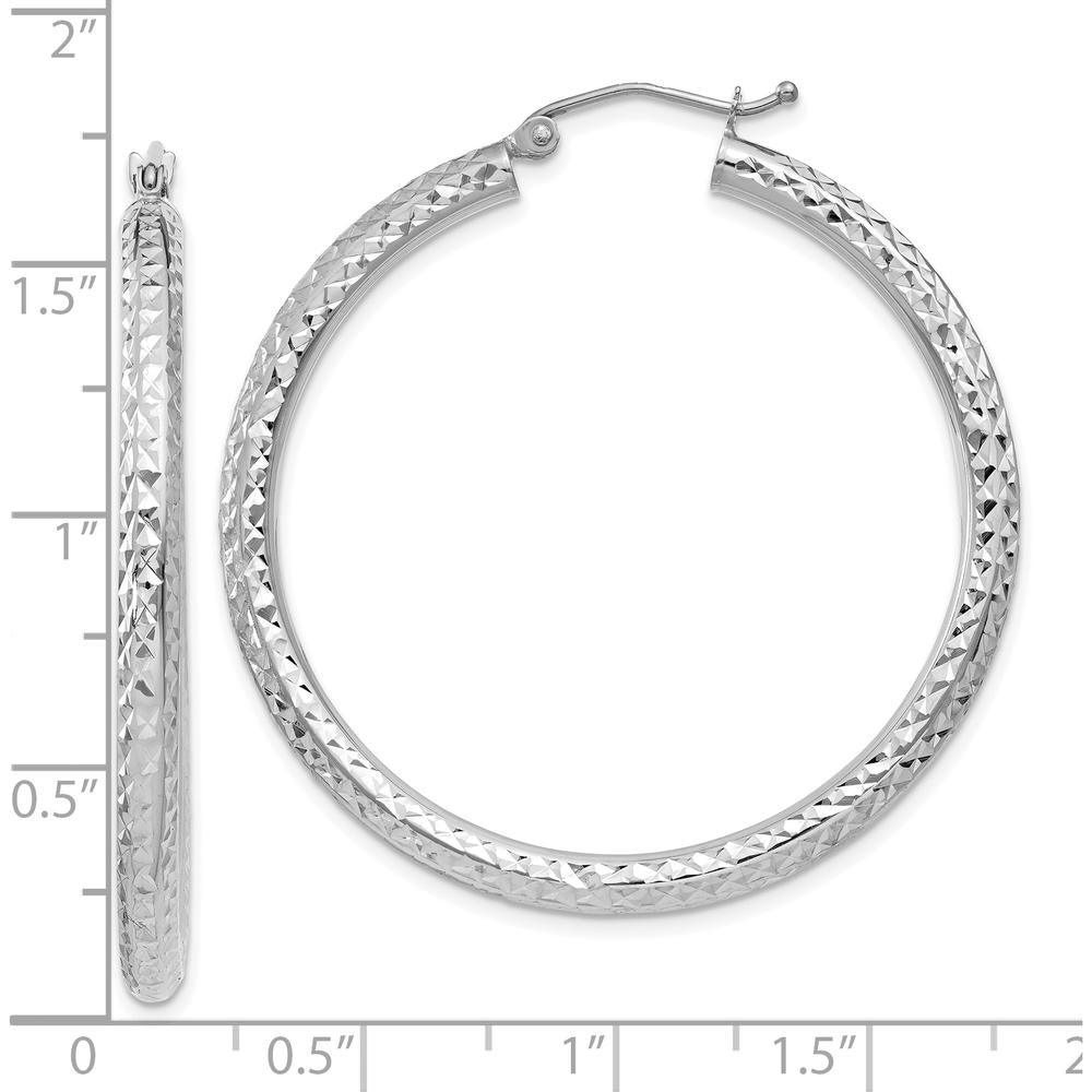10K White Gold Diamond-Cut 3mm Round Hoop Earrings - Rhodium Plated, 35mm Length, 40.1mm Width