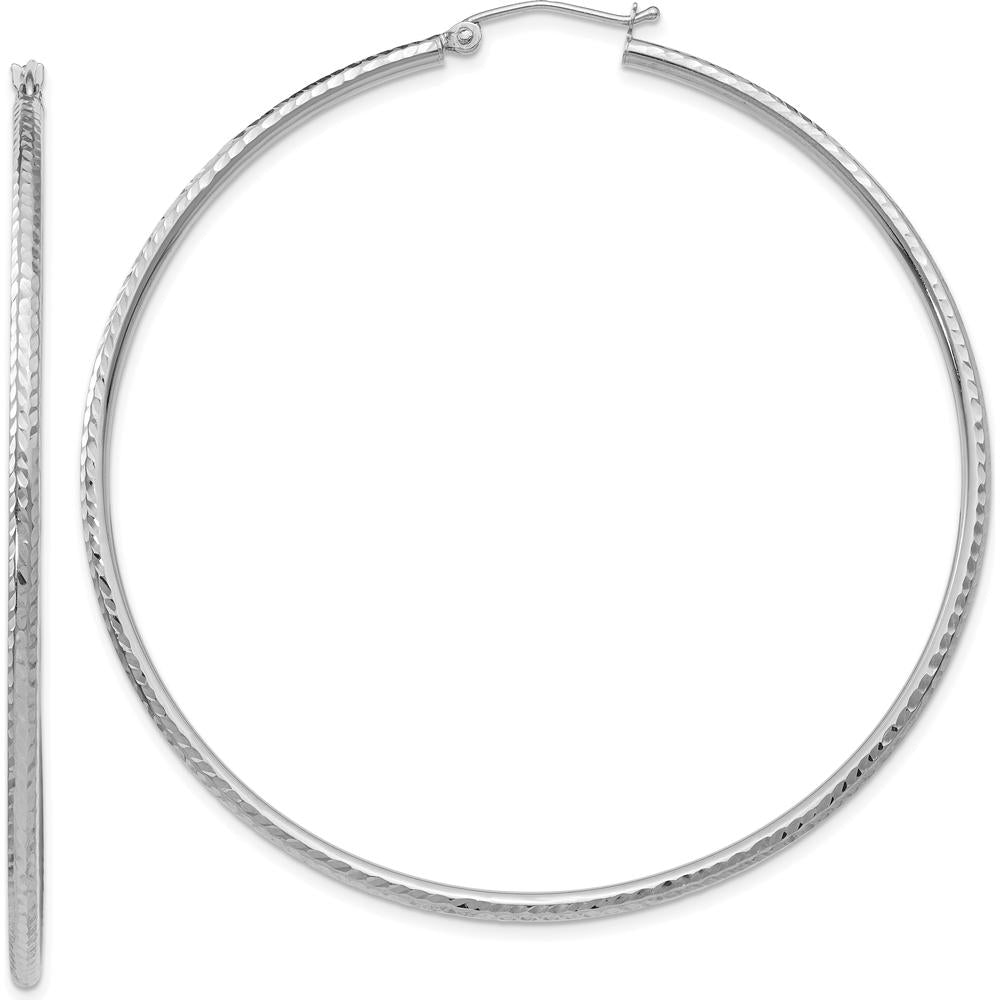 10K White Gold Diamond-Cut Large Hoop Earrings - 60mm Length