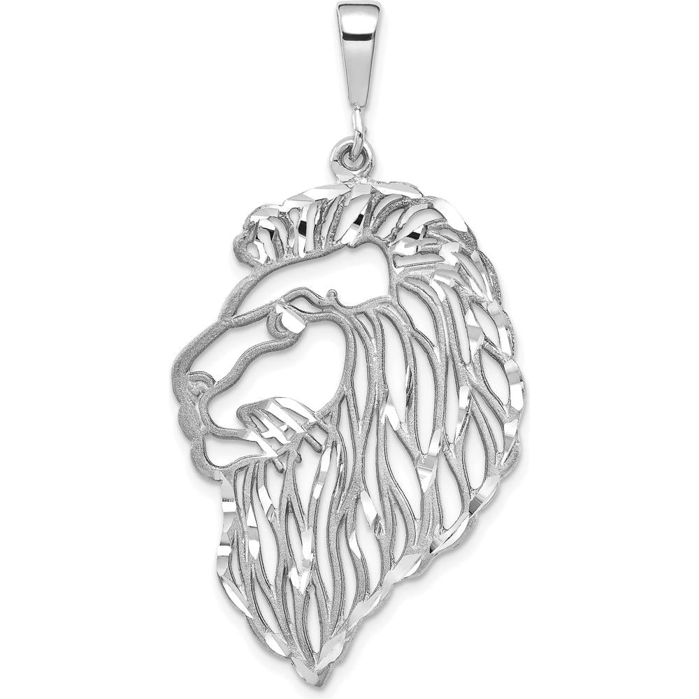 10K White Gold Diamond-Cut Lion's Head Pendant Charm - Solid Polished Finish