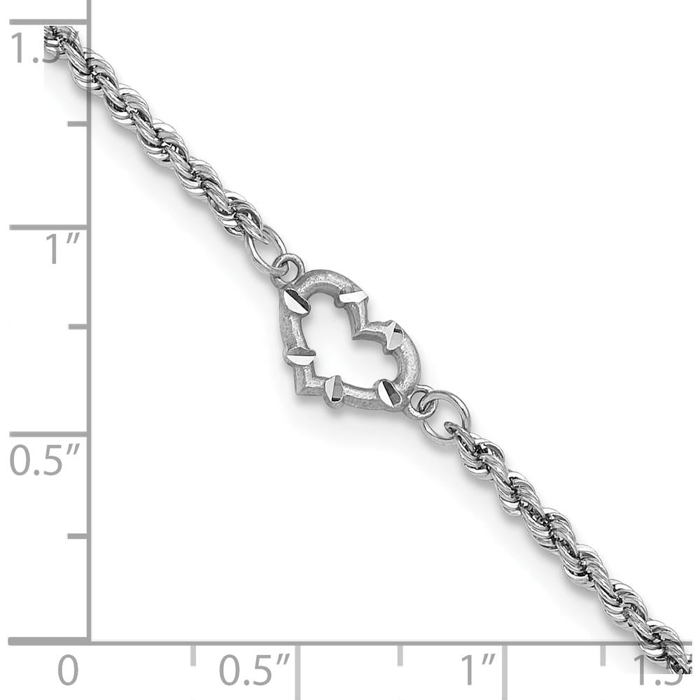 10K White Gold Diamond-Cut Open Heart 10" Rope Chain Anklet
